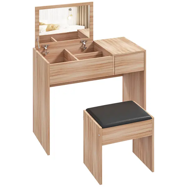 HOMCOM Masă de machiaj cu taburet Masă de machiaj cu oglindă capac rabatabil și compartimente 80x40x79 cm și 40x30x40 cm | Aosom Romania