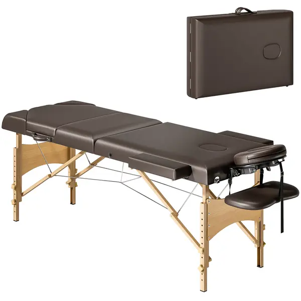 HOMCOM Masa de Masaj Pliabilă din Lemn cu 3 Zone cu Înălțime Spătar Suport Pentru Cap Ajustabile Brate 215x60x64-89 cm Marrón | Aosom Romania