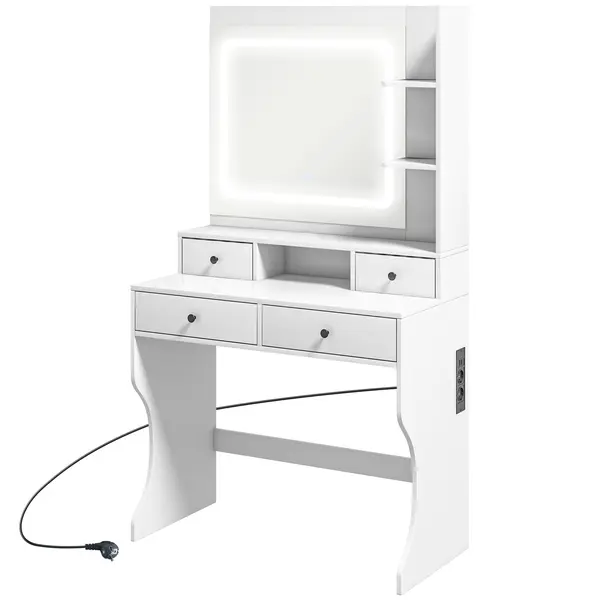 HOMCOM Masă de Toaletă cu Oglindă Iluminată LED, Masă de Machiaj cu Stație de Încărcare, 4 sertare și rafturi de depozitare, 90x45x160 cm, Alb