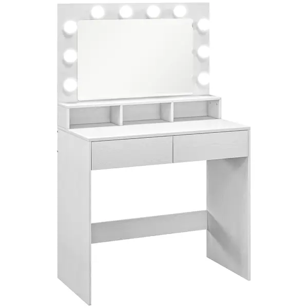 HOMCOM Masă de toaletă cu oglindă iluminată, sertare, 3 opțiuni de lumină, 10 becuri, masă de machiaj modernă în alb | Aosom Romania