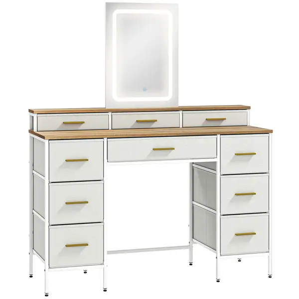 HOMCOM Masă de toaletă cu oglindă și lumini LED 3 culori, masă de machiaj 10 sertare din material textil, 118,5 x 39,5 x 140 cm natural | Aosom Romania