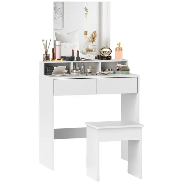 HOMCOM Masă de Toaletă cu Taburet, Masă de Machiaj cu Oglindă, 3 Rafturi, 2 Sertare, din Lemn, 75x38x135 cm, Alb | Aosom Romania