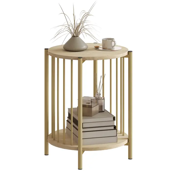 HOMCOM Masa laterală, masă de cafea cu 2 nivele cu raft de depozitare și cadru din oțel, Ø 41 x 49 cm efect lemn natural | Aosom Romania
