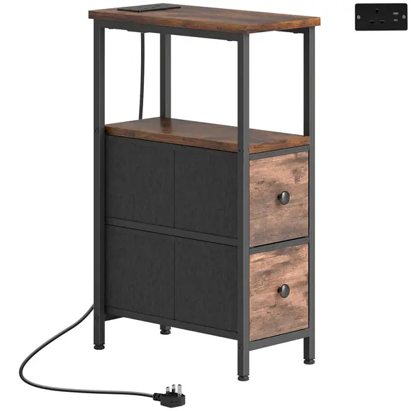 HOMCOM Masă laterală/masă de cafea cu stație de încărcare, cadru din oțel, 2 sertare textile, compartiment deschis, 20cm x 40cm x 63cm, Maro rustic | Aosom Romania