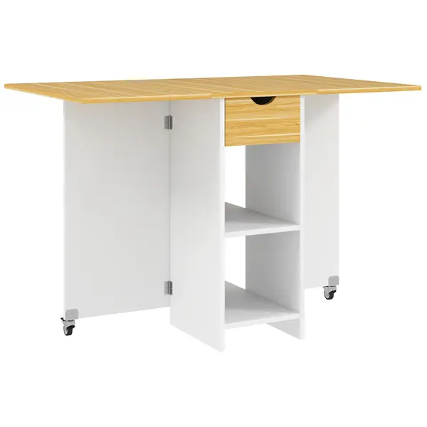 HOMCOM Masă Pliabilă, Masă Rabatabilă pentru 2-4 Persoane cu Sertar, 2 Rafturi și 2 Roți, 114,5x70x75 cm, Stejar | Aosom Romania