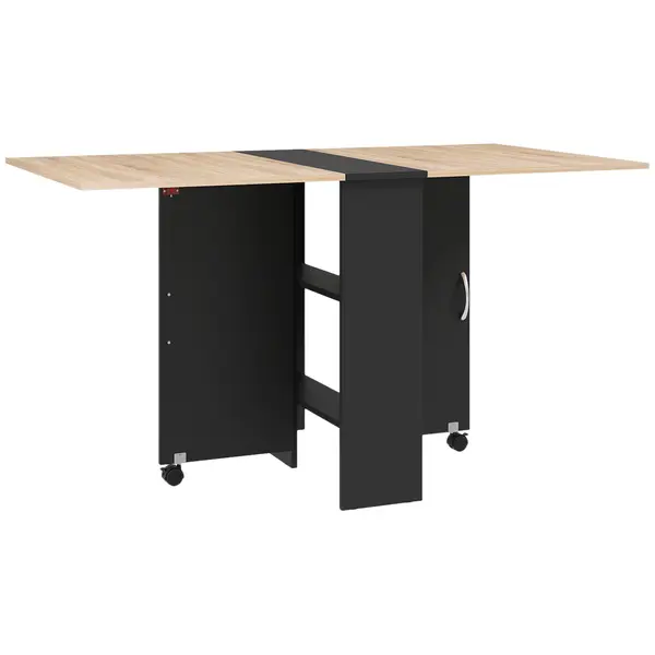 HOMCOM Masă Pliabilă pentru 4-6 Persoane, cu 2 Roți, Masă Rabatabilă cu 2 Rafturi pentru Depozitare, 140x75x74 cm, Negru | Aosom Romania