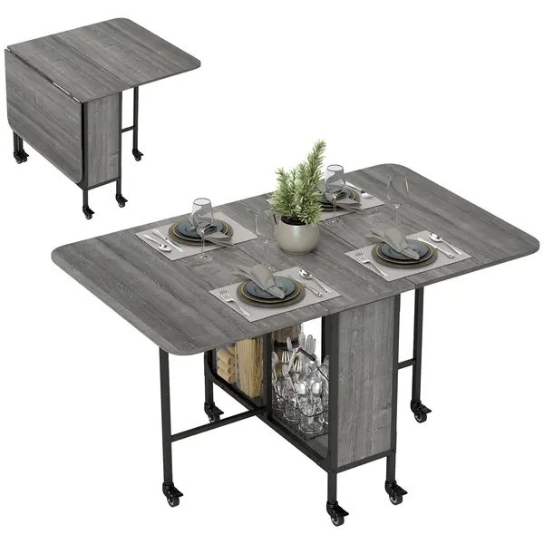HOMCOM Masă Pliabilă, Rabatabilă pentru 4-6 Persoane cu Raft și 6 Roți, din Lemn și Metal, 130x80x74 cm, Gri | Aosom Romania