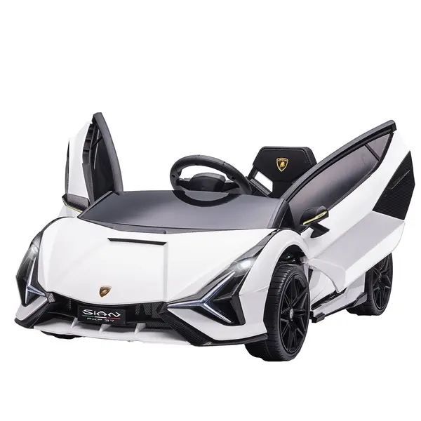 HOMCOM Mașină Electrică pentru Copii 3-5ani, Mașinuță Electrică Lamborghini cu Faruri, Muzică și Telecomandă, 108x62x40cm, Alb | Aosom Romania