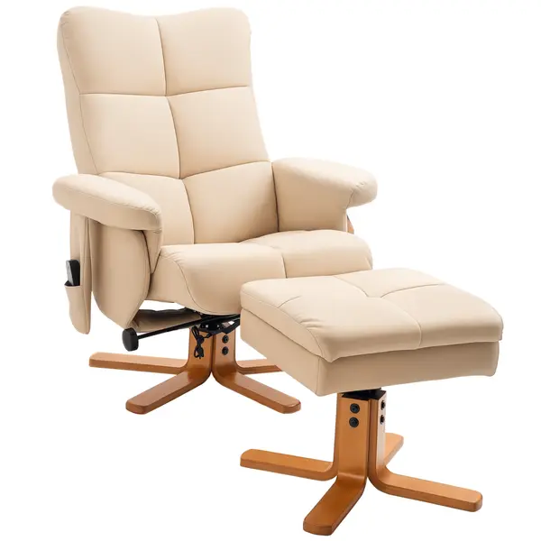 HOMCOM Massagesessel cu Hocker, Scaun de relaxare electric rotativ la 360° cu funcție de întindere și spațiu de depozitare, scaun TV cu buzunar lateral și telecomandă pentru sufragerie, piele ecologică, Crem | Aosom Romania