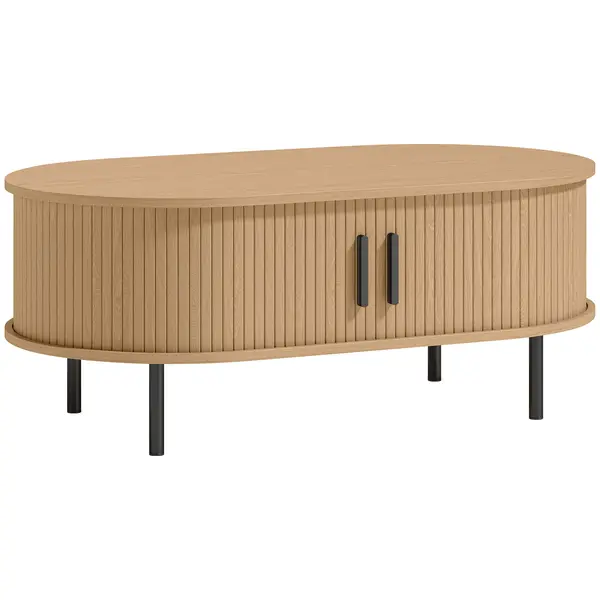 HOMCOM Măsuță de cafea ovală din lemn, masă de salon modernă cu uși glisante și depozitare ascunsă, 100x55x40cm, lemn natural | Aosom Romania