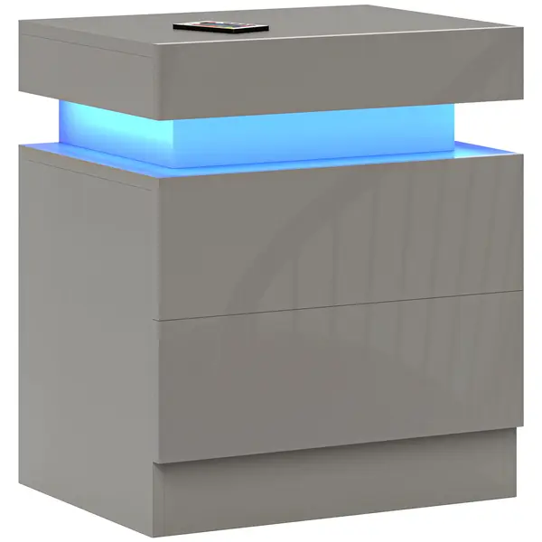 HOMCOM Mesa de Noapte cu Lumini LED 2 Sertare și Telecomandă Masă de Noapte pentru Dormitor Sufragerie 45x35x52 cm Gri | Aosom Romania