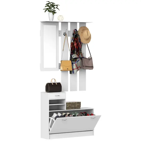 HOMCOM Mobila de Hol Moderna Garderoba Set Cuier, Oglinda si Dulap Pantofi 3 in 1, in Lemn Alb | Aosom Romania