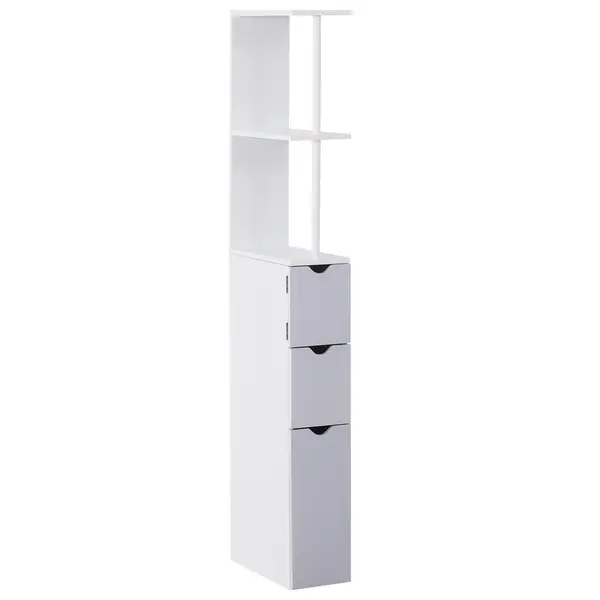 HOMCOM Mobilier Coloană Baie, 2 Compartimente, Ușă, 2 Sertare, MDF și Fier, 15x33x140 cm, Alb și Gri | Aosom Romania