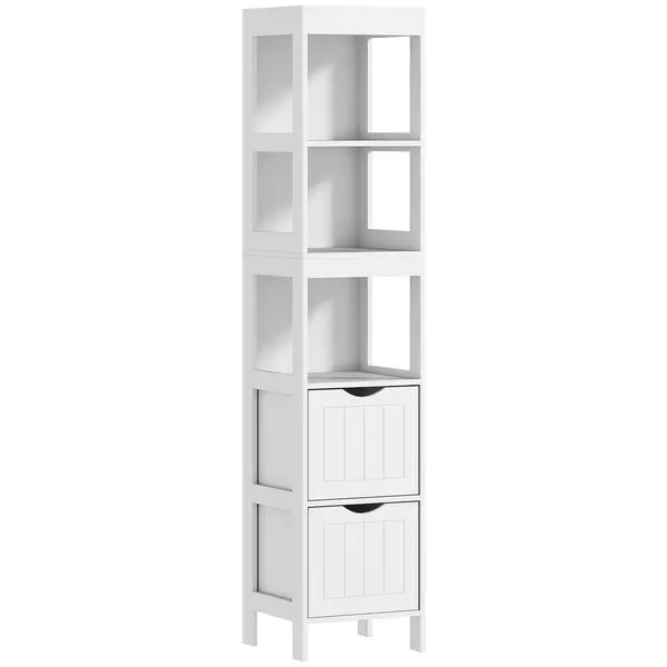 HOMCOM Mobilier de Baie cu 3 Rafturi Deschise și 2 Sertare, 30x30x141.2 cm, Alb | Aosom Romania