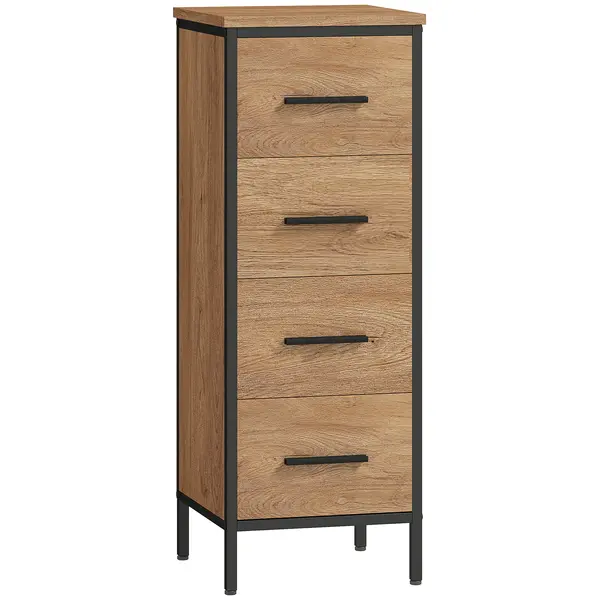 HOMCOM Mobilier de baie îngust cu 4 sertare și structură din oțel, 30 x 30 x 82 cm, stejar | Aosom Romania