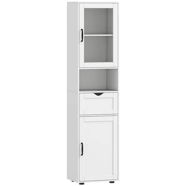 HOMCOM Mobilier de Baie Slim cu Dulapuri și Ușă din Sticlă, Mobilier Economizitor de Spațiu cu Raft Deschis, Sertar și Rafturi Ajustabile, Coloană Modernă, 40x30x165 cm, Alb | Aosom Romania