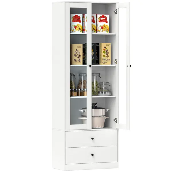 HOMCOM Mobilier de depozitare modern cu dulap cu uși din sticlă, rafturi reglabile și 2 sertare, 59 x 30 x 164 cm, alb | Aosom Romania