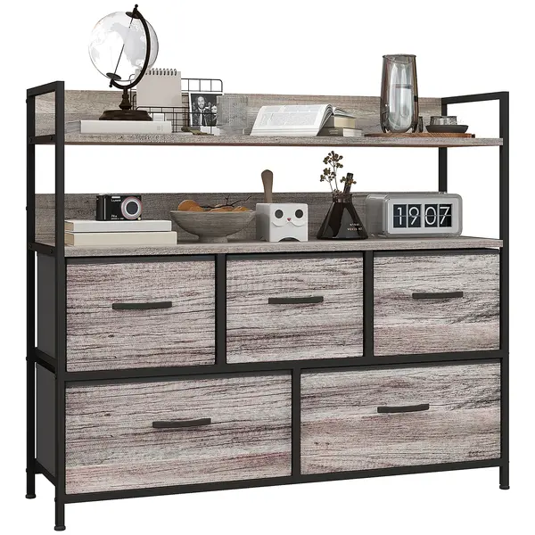 HOMCOM Mobilier de depozitare stil industrial comoda 5 sertare din material textil pliabile și detașabile și rafturi - 98l x 29P x 85H cm | Aosom Romania