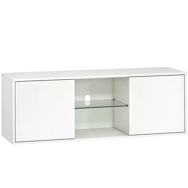 HOMCOM Mobilier Porta TV până la 55", Mobilier TV Suspendat sau pe Podea de 120 cm cu Uși Soft Close, Orificiu pentru Cabluri și Raft din Sticlă, pentru Sufragerie și Salon, Alb Efect Lemn | Aosom Romania