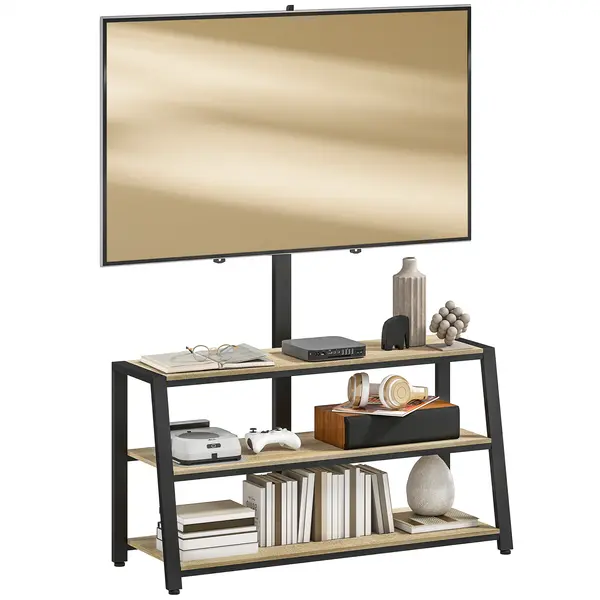 HOMCOM Mobilier TV cu suport pentru televizoare de la 32 la 70 de inci, rafturi deschise, unghi ajustabil 35°, 108x41x135cm, efect lemn natural | Aosom Romania
