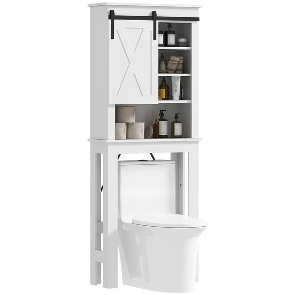 HOMCOM Mobilier WC deasupra toaletei cu ușă glisantă, cu 6 compartimente de depozitare, alb | Aosom Romania