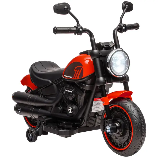 HOMCOM Motocicleta Electrica pentru Copii 18-36 Luni, cu Roti Suplimentare si Far, din PP si Metal ,Rosu si Negru | Aosom Romania