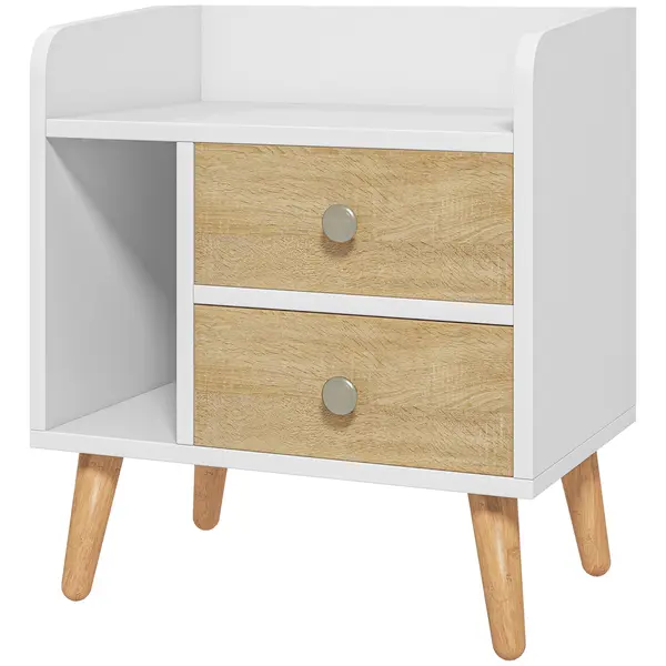HOMCOM Noptieră cu 2 sertare mari, 1 raft deschis și picioare înalte din pin, design nordic, 43x30x49 cm | Aosom Romania