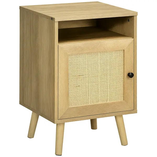 HOMCOM Noptieră cu Ușă de Ratan Masă Auxiliară pentru Dormitor Sufragerie Pat 39x35x60 cm Lemn Natural | Aosom Romania
