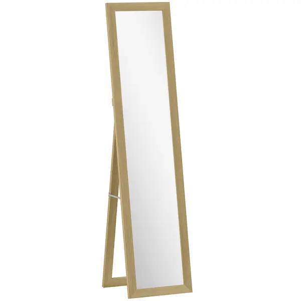 HOMCOM Oglindă cu Ramă din MDF, Picioare și Cârlige pentru Utilizare pe Podea sau pe Perete, 37x40x155 cm, Lemn Natural | Aosom Romania
