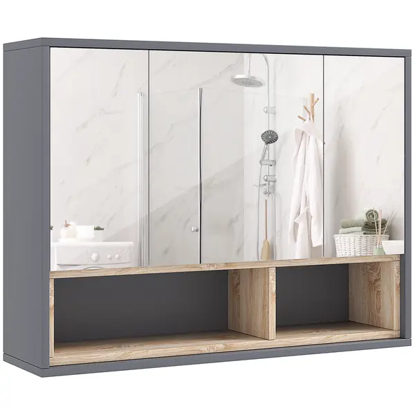 HOMCOM Oglindă de Baie cu 3 Uși și Dulap, Oglindă de Baie cu Compartiment de Depozitare, 80x20x60 cm, Gri | Aosom Romania