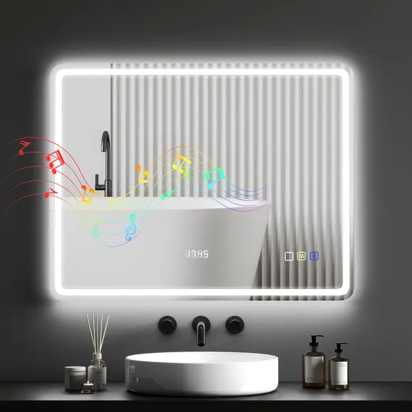 HOMCOM Oglindă de Baie cu Iluminare LED, Pad Anti-În Ceață, 3 culori reglabile, Ceas, 700 x 900 mm, Argintiu | Aosom Romania