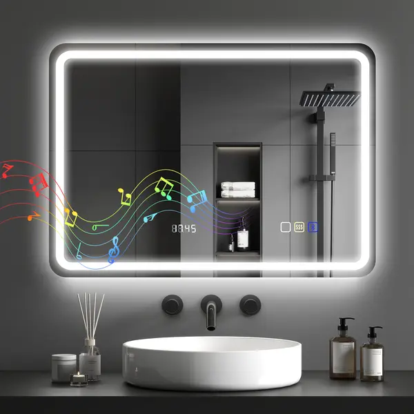 HOMCOM Oglindă de Baie cu LED 70x50 cm cu Bluetooth 3 Culori de Lumină Ceas Digital Funcție Antighear Funcție de Memorie | Aosom Romania