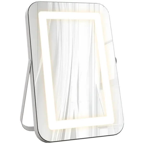 HOMCOM Oglindă de Machiaj LED cu Lumini Reglabile pe 3 Culori, USB și Oglindă de Mărire Rotativă, 31x41,5x3 cm, Alb | Aosom Romania