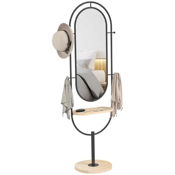 HOMCOM Oglindă de tip stand ovală cu suport de lemn, 4 cârlige și cadru metalic, 50 x 40 x 175,5 cm, negru | Aosom Romania