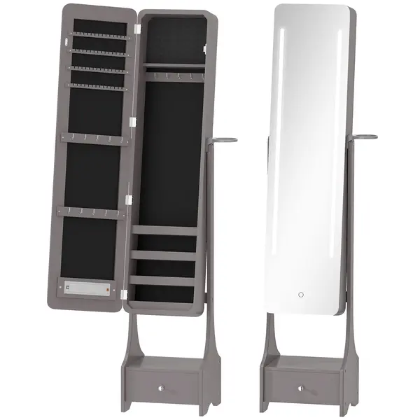HOMCOM Oglindă-dulap pentru bijuterii cu lumini LED Dulap bijuterii cu oglindă full-length reglabilă pe unghi Sertar Oprire automată a luminilor Gri | Aosom Romania
