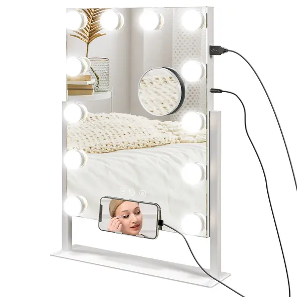 HOMCOM Oglindă Hollywood cu 12 becuri LED, luminos reglabil, rotație la 360°, magnificare 10X, atingere tactilă, alb | Aosom Romania
