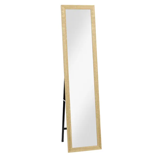 HOMCOM, Oglindă pe suport, pentru perete sau așezare, cu ramă din lemn, pentru living sau dormitor, 37 x 155 cm, maro deschis | Aosom Romania