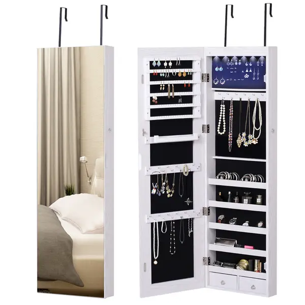 HOMCOM Oglindă pentru Bijuterii cu 6 Lumini LED și Spații de Depozitare, 37x10x120 cm, Alb | Aosom Romania