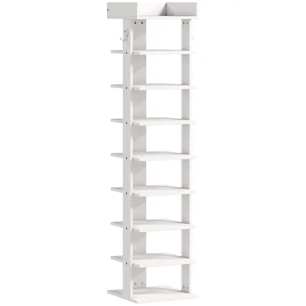 HOMCOM Pantofar 9 niveluri organizator din lemn pentru pantofi cu raft superior și 2 cârlige, pentru hol, Alb | Aosom Romania