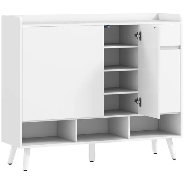 HOMCOM Pantofar Hol cu 4 Uși Push-to-Open, Rafturi Reglabile, MDF și Lemn Pin, 120x35x100 cm, Alb | Aosom Romania