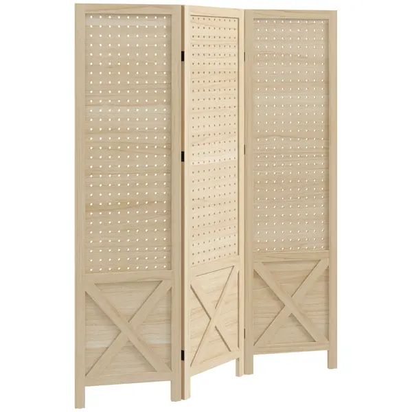 HOMCOM Paravan interior din lemn 3 panouri separator de cameră pliabil panou perforat 114 x 1,7 x 144,5 cm lemn natural | Aosom Romania