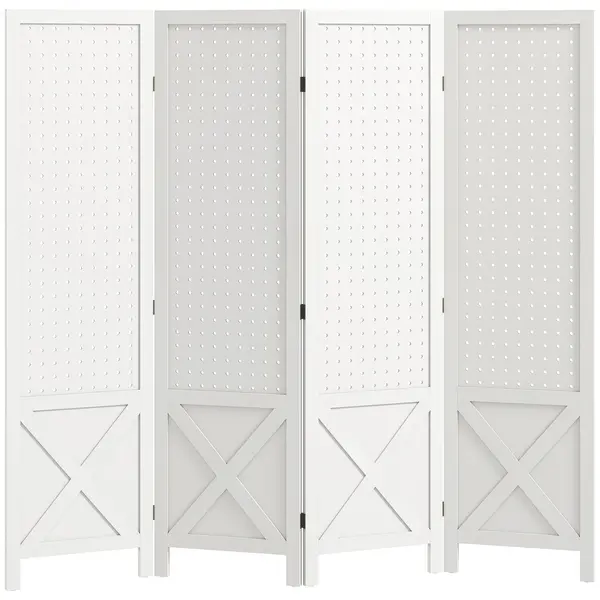 HOMCOM Paravan interior din lemn 4 panouri separator de cameră pliabil panou perforat 152 x 1,7 x 144,5 cm alb | Aosom Romania