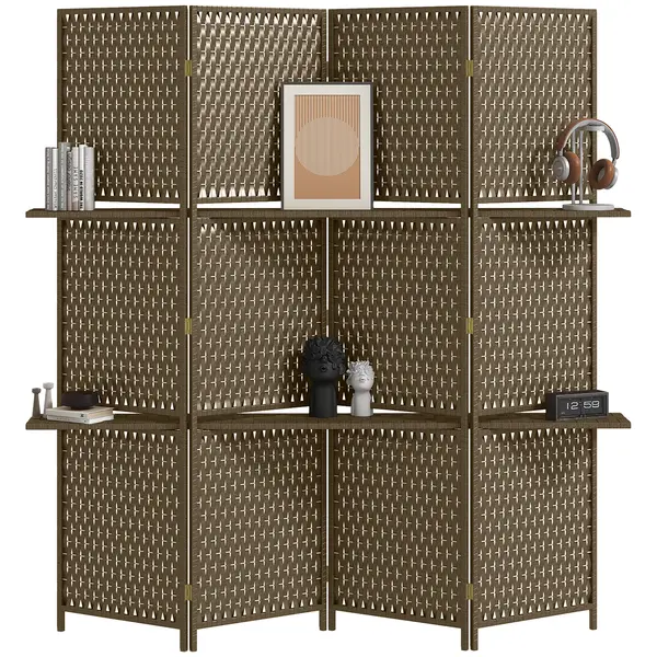 HOMCOM Paravan interior separator de încăpere 4 panouri 2 rafturi lemn de pin țesut cu fibre de hârtie 181 x 180 cm maro | Aosom Romania