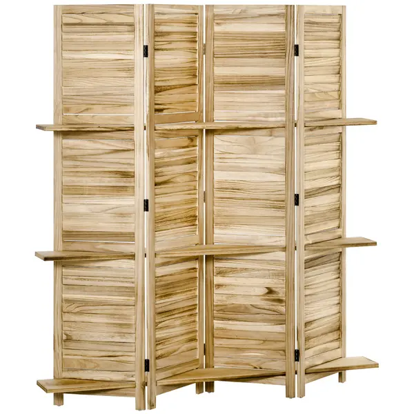 HOMCOM Paravan separator interior pliabil cu 4 panouri și rafturi din lemn de paulownia, 162x170 cm, Lemn | Aosom Romania