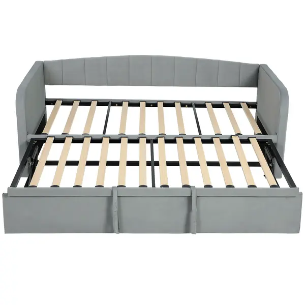 HOMCOM Pat Canapea 90/180x190 cm, Pat Extensibil Convertibil în Pat Dublu, Tapițerie, Cotiere, 2 Buzunare, Lamele din Plop, pentru Living sau Oaspeți, Gri Deschis | Aosom Romania