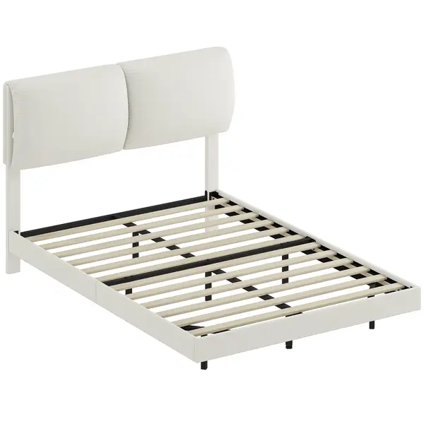 HOMCOM Pat dublu 135x190 cm Somier cu tăblie căptușită Efect plutitor Structură metalică Bej | Aosom Romania