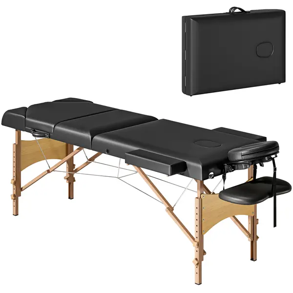 HOMCOM Pat Masaj Pliabil din Lemn cu Înălțime Reglabilă Suport pentru Cap Brațe Acolchiate 215x60x64-89 cm Negru | Aosom Romania