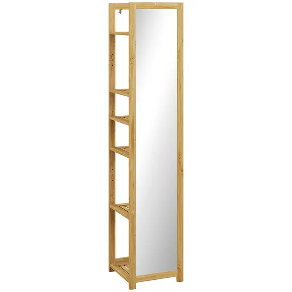 HOMCOM Poliță Baie pe 6 Niveluri cu Oglindă, Suport de Depozitare Multifuncțional, 35x35x168 cm, Lemn Natural | Aosom Romania