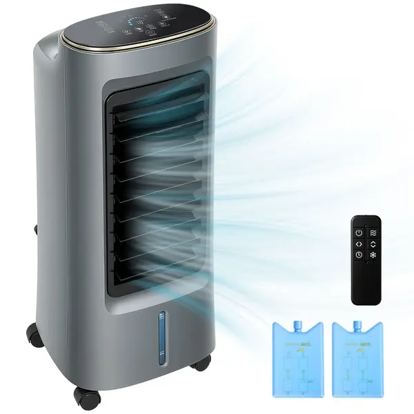 HOMCOM Răcitor de aer mobil 4 în 1 umidificator purificator ventilator, oscilație 90°, 4 viteze, 3 moduri, gri | Aosom Romania