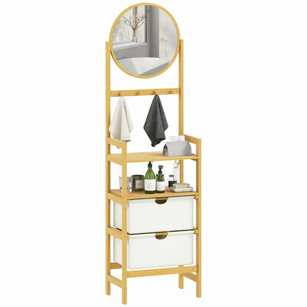 HOMCOM Raft de baie din bambus cu oglindă cu 4 cârlige 2 rafturi deschise și 2 sertare din material textil 48,5x30x170 cm Natural | Aosom Romania